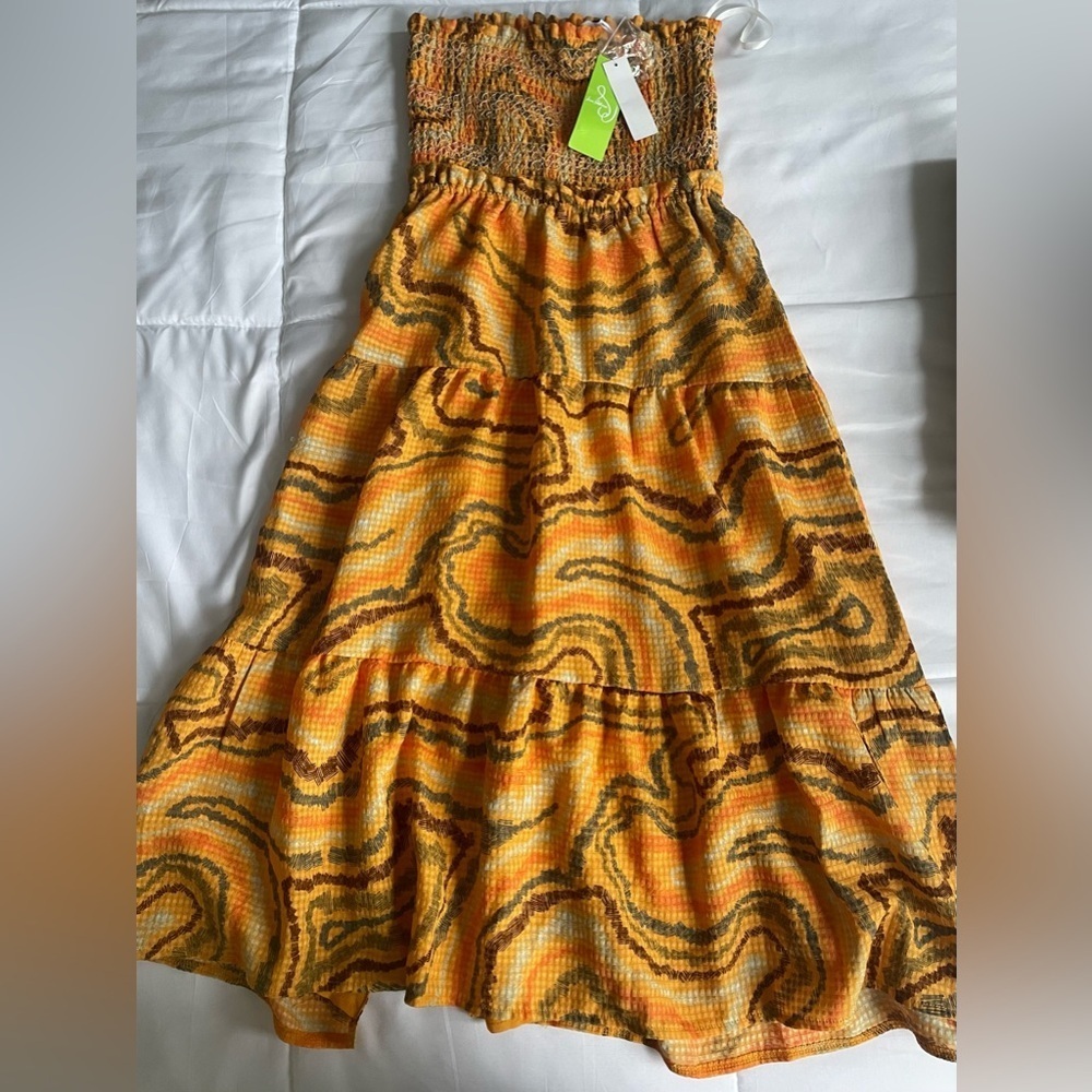 NWT Sam Edelman Orange and Yellow Smocked Dress strap missing - Picture 6 of 6